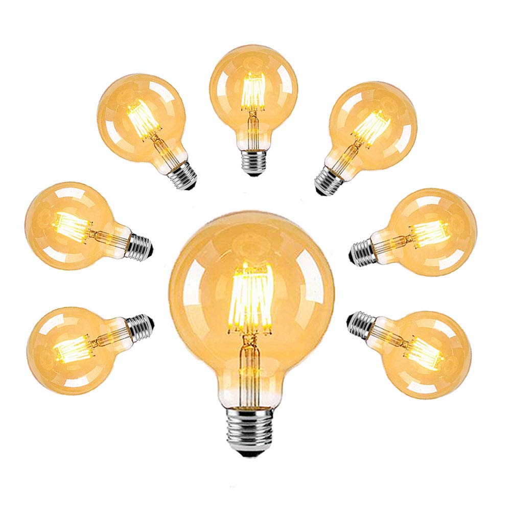 Edison Vintage Bombilla LED E27 Bombilla Globo Bombilla G80 6W Blanco Cálido 2800K Equivalente 60W Bombilla Halógena Filamento Cristal Ámbar Ideal para Iluminación Nostálgica Retro (Pack de 8)