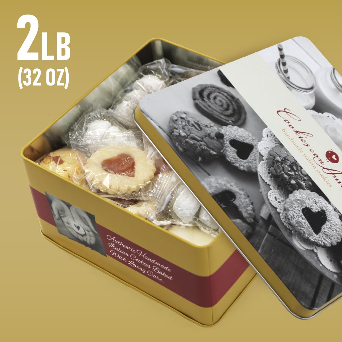 Assorted Italian Cookies Gift Box, Over 30 Individually Wrapped Traditional Gourmet Cookies - 2Lb Square Tin with Authentic Premium Pastries for Holiday Gifting, Coffee Pairing, and Celebrations