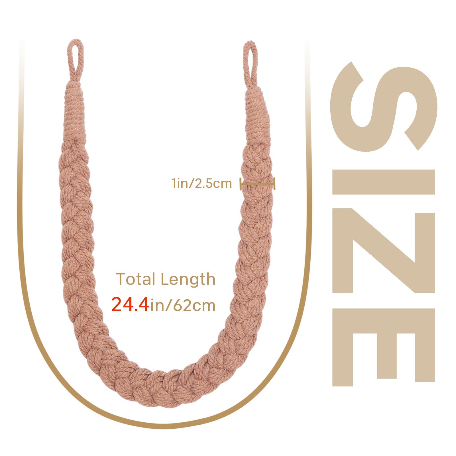Pretty Jolly 2 Pack Natural Cotton Rope Curtain Tiebacks Elegant Boho Style Decorative Drape Tie Backs Soft Hand-Woven Rope Curtain Holdbacks with Metal Hook for Home & Office Drapery (Reddish Brown) - Image 3