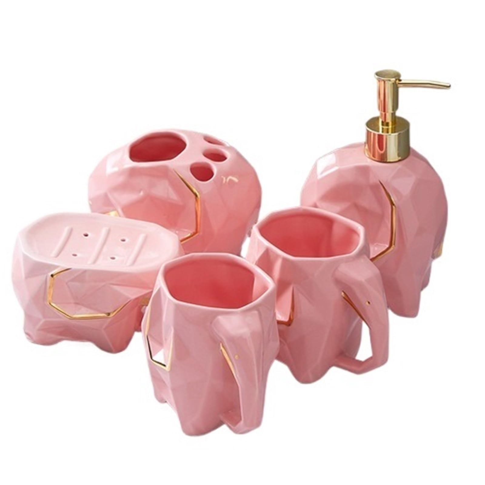 Soap Dish Set Elephant Bathroom Wash Set Mouth Cup Toothbrush Holder Lotion Bottle & Soap Dish For Organization(Pink 5pcs)