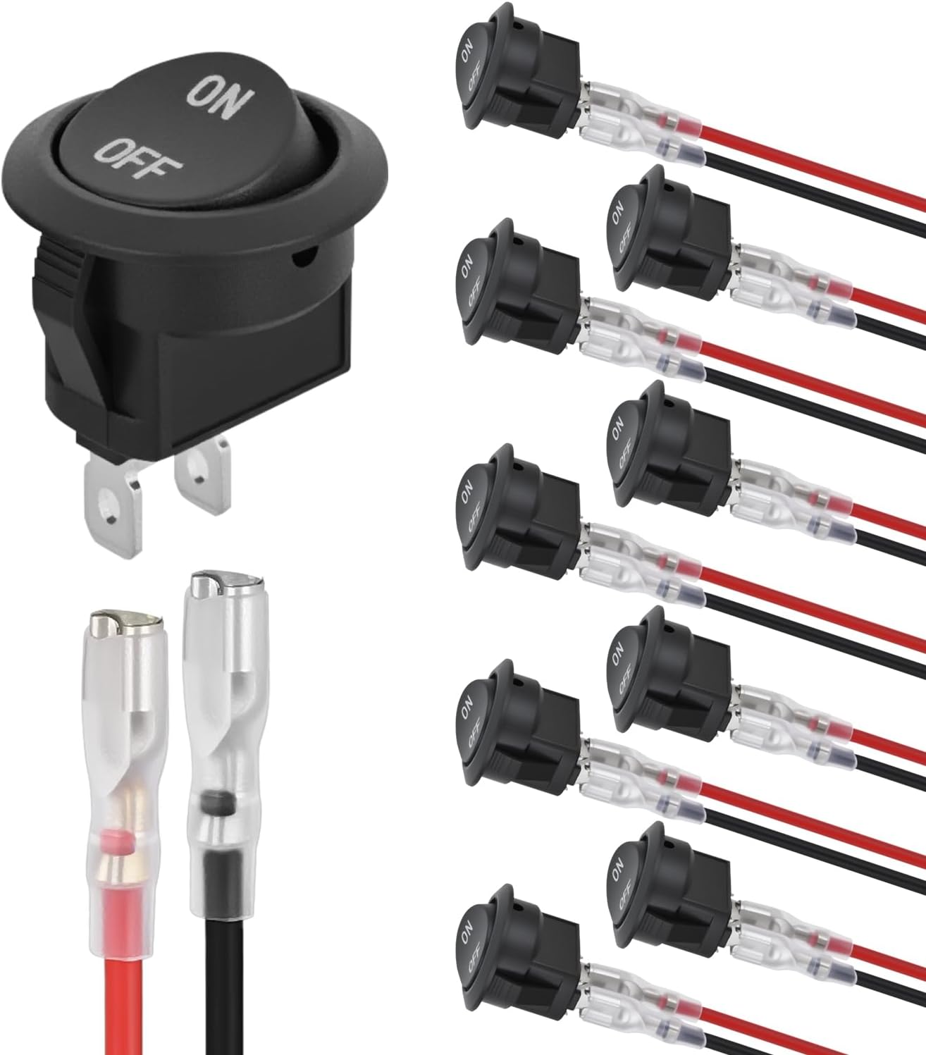 Nilight 10PCS Round Rocker Switches w/Wiring Harness SPST 6A/250V 10A/125VAC 12V Small Toggle Switch 2 Pin ON Off for Car Automotive RV Trucks Boats Off-Road Vehicle