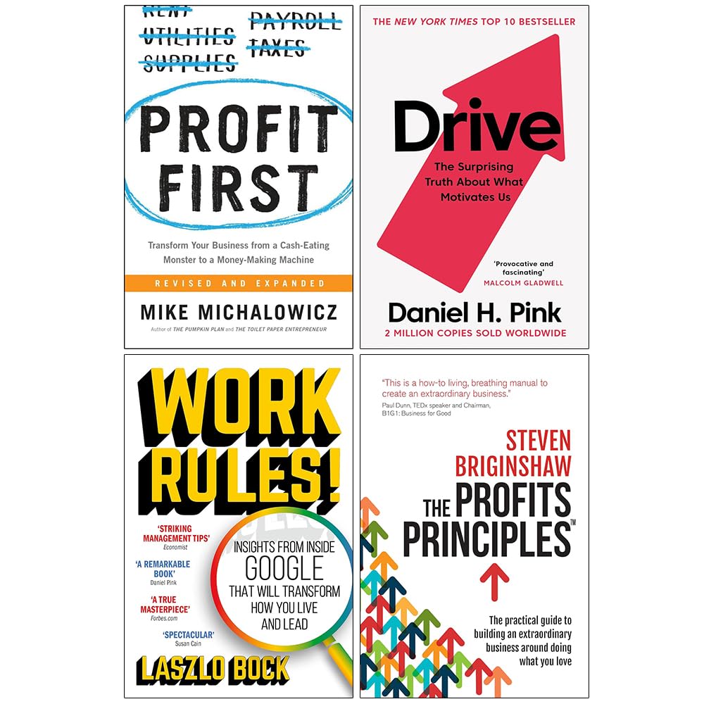 Profit First, Drive Daniel H Pink, Work Rules! & The Profits Principles 4 Books Collection Set