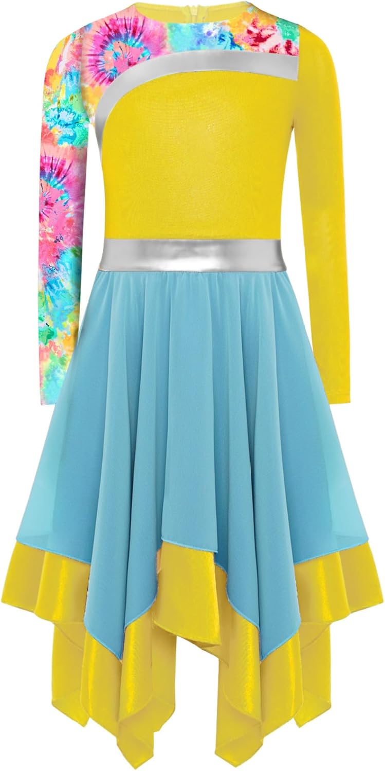 Kids Girls Worship Praise Dance Dress Long Sleeve Camouflage Printed Color Block Irregular Liturgical Dress