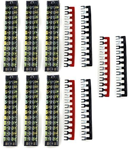 BGTXINGI 12pcs (6 Set) 600V 25A 12 Positions Double Row Screw Terminal Strip and 400V 25A 12 Positions Red/Black Pre-Insulated Terminal Barrier Strip (TB2512)