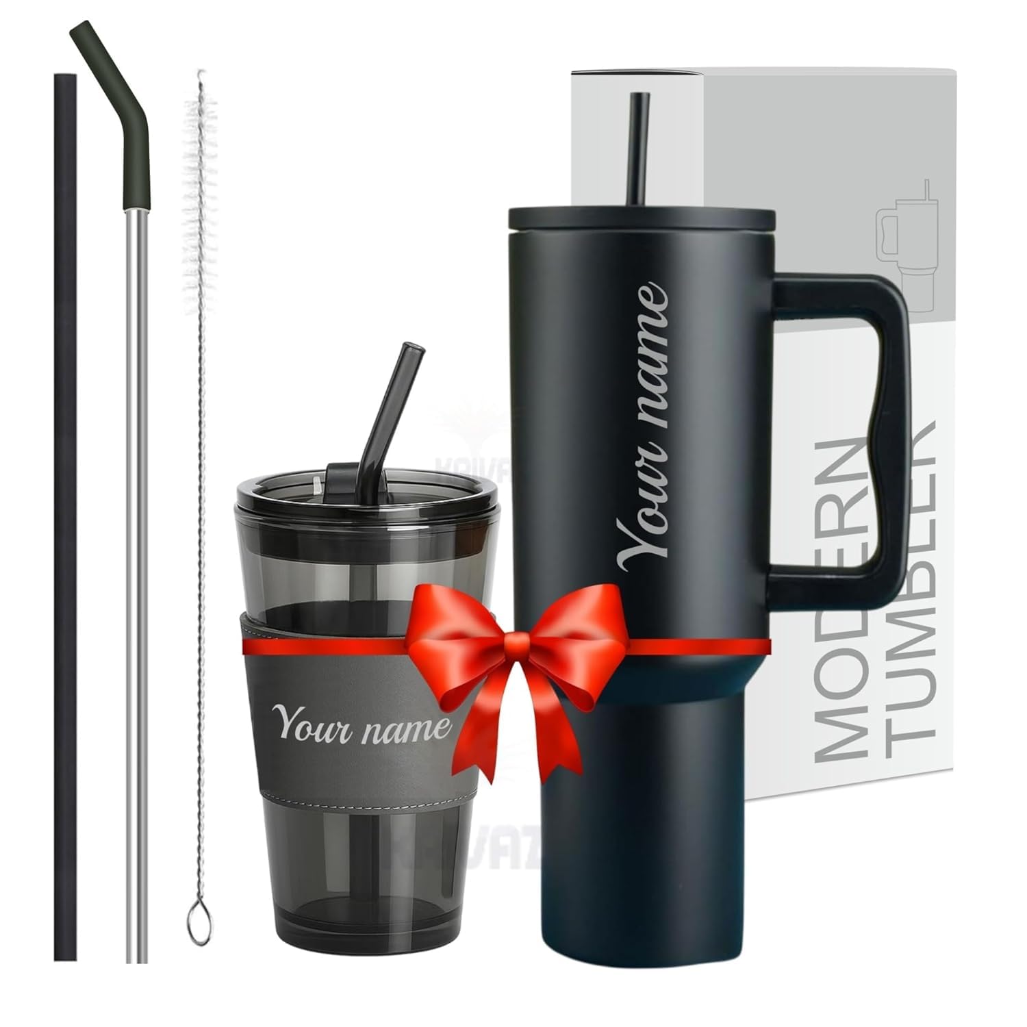 KRIVAZ Stainless Steel Tumbler with Lid & Straw, 100% Leakproof Tumblers with Handle, Drink Sipper for Office,Gym & Outdoors 1200ml Tumbler (Black Tumbler + Black Mugs)