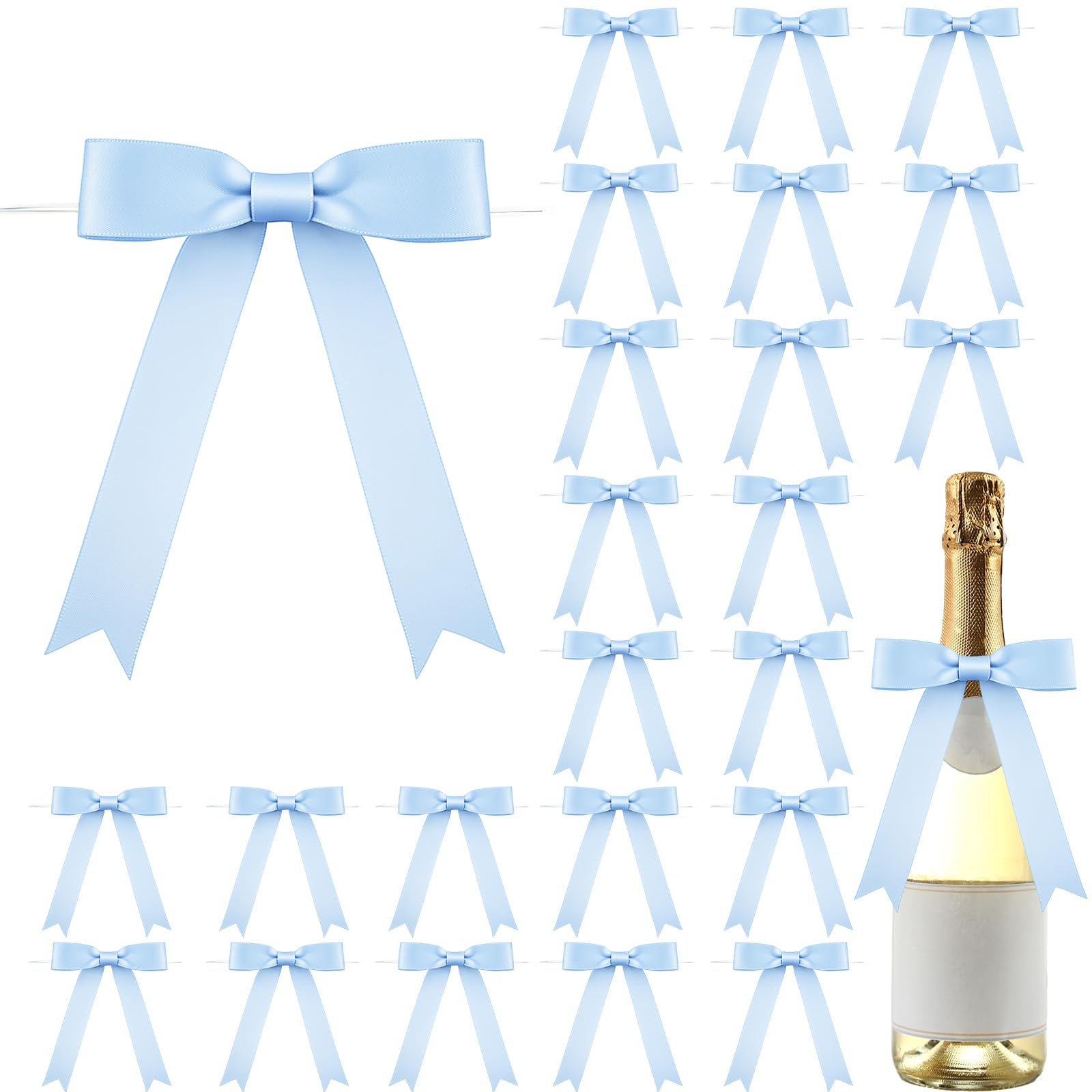 Photo 1 of Riceshoot 24 Pcs Satin Ribbon Twist Tie Bows 5x7'' Large Decorating Ribbon Gift Bows Christmas for Gift Wrapping Champagne Bottle Cake Treat Bag Wedding Birthday Party Decoration(Baby Blue)