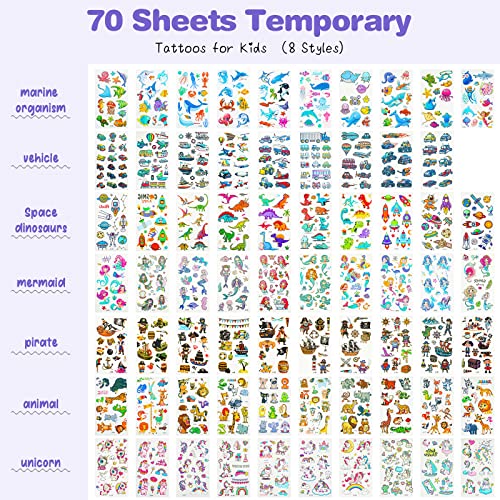 70 Sheets Temporary Tattoos For Kids Waterproof Cartoon Tattoo Stickers, Mixed 700 Styles Unicorn Animals Mermaid Dinosaur Car Space Water Transfer Fake Tattoo Stickers For Children Body Art Makeup #TOP2