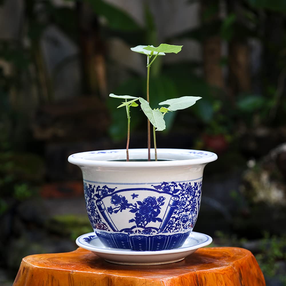DFGHNBVC Chinoiserie Blue And White Porcelain Flowerpot Jingdezhen Ceramic Flowerpot With Tray Breathable Flower Green Plant Potted Plant Collection Ornament,B-21cm