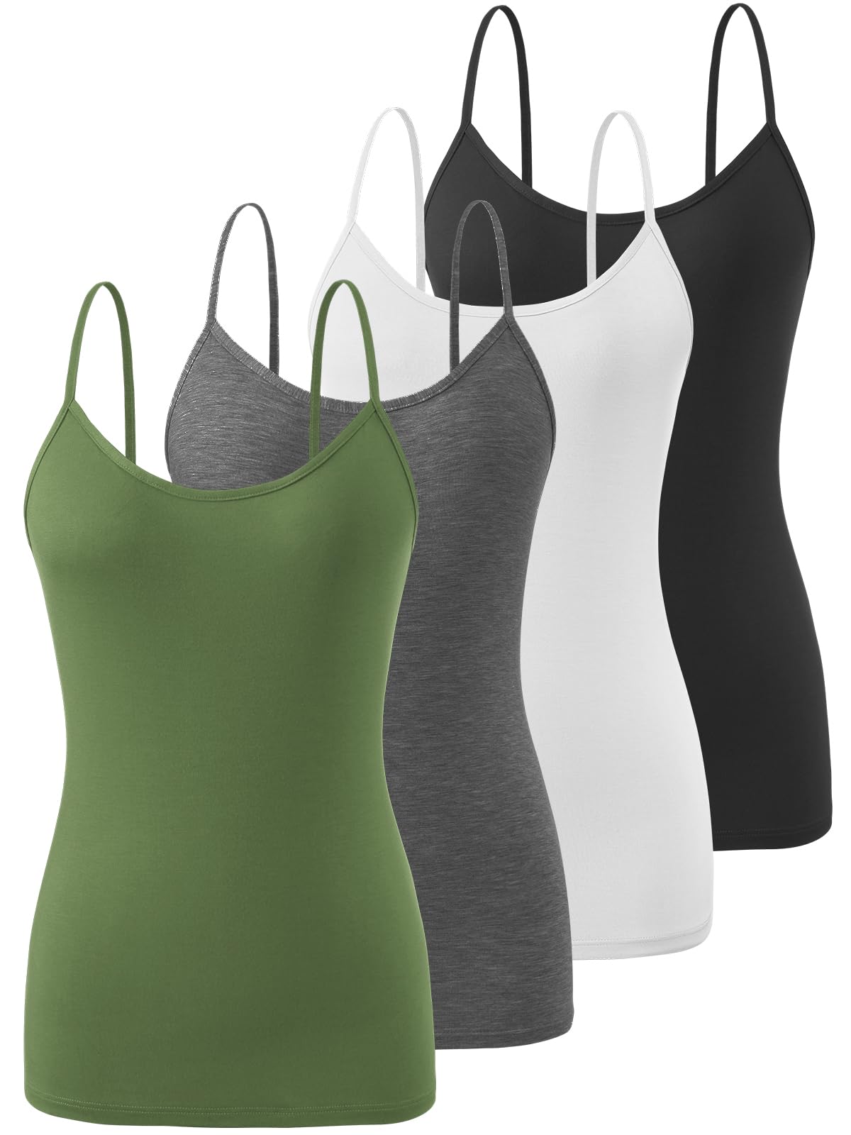 Knuffnee Damen Unterhemden Verstellbare Spaghetti Tops Basic Cami Tank Top 4er Pack Schwarz/Weiß/Dunkelgrau/Armeegrün L
