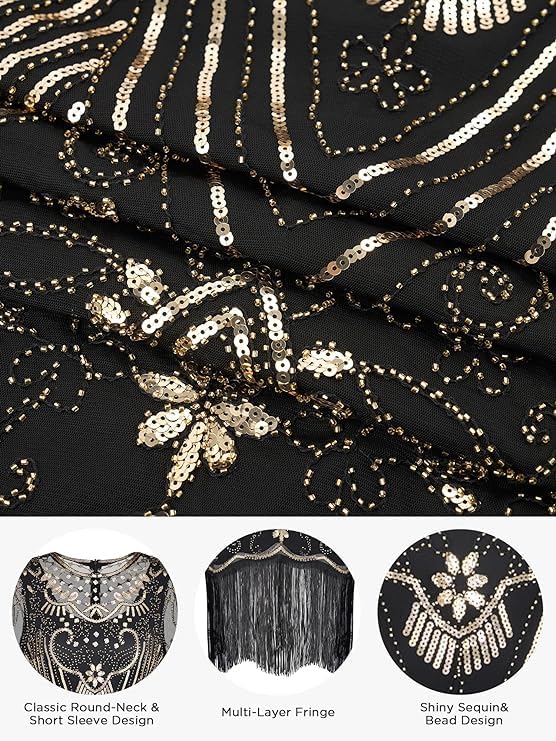Image of 867 - Plus Size 1920s Vintage Fringed Sleeves Gatsby Sequin Tassels Hem Flapper Party Prom Cocktail Concert Dress