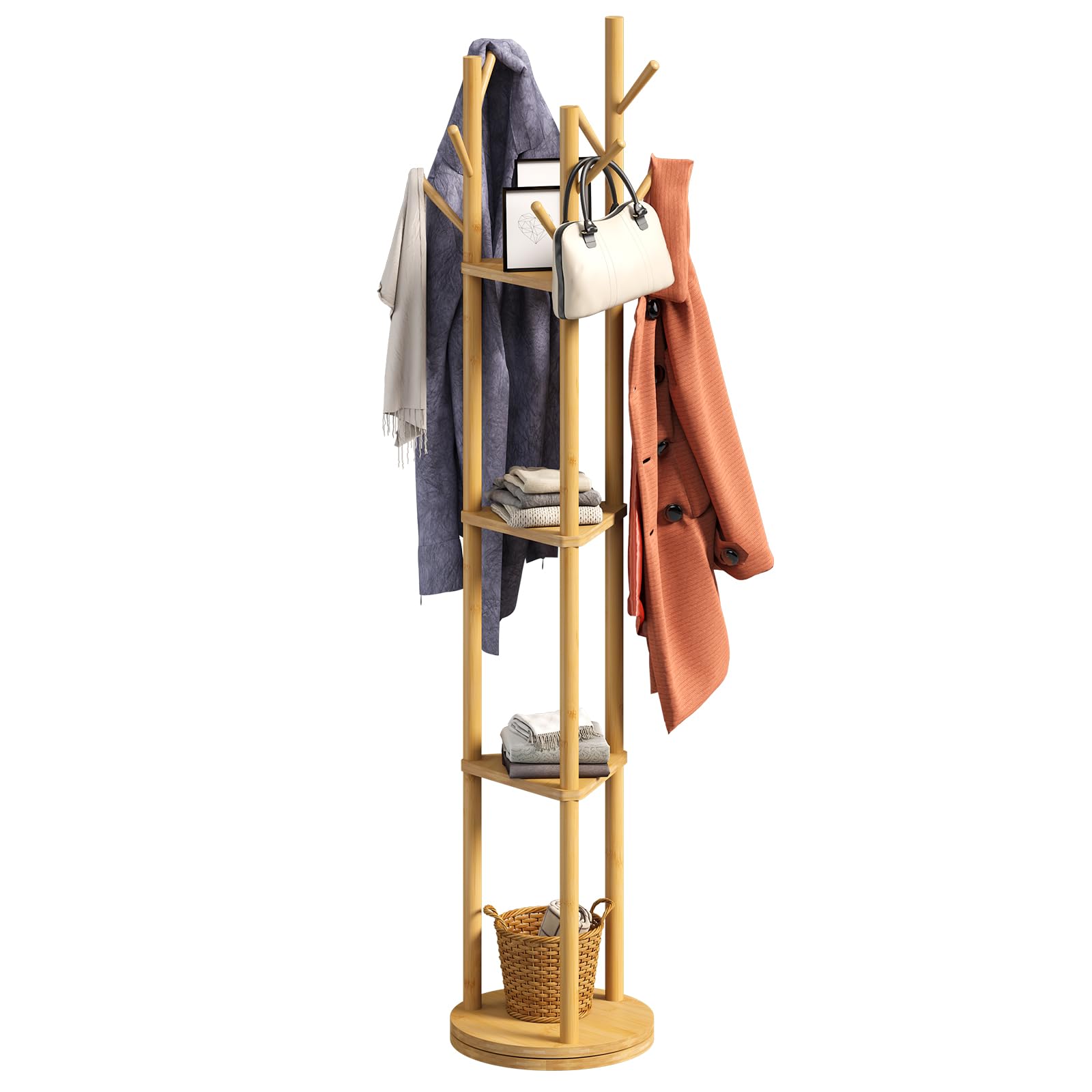 Photo 1 of Wieghda Rotating Coat Rack, Freestanding Coat Rack with 3 Shelves and 9 Hooks Clothes Organizer Coat tree for Bedroom, Entryway, Livingroom (Natural)