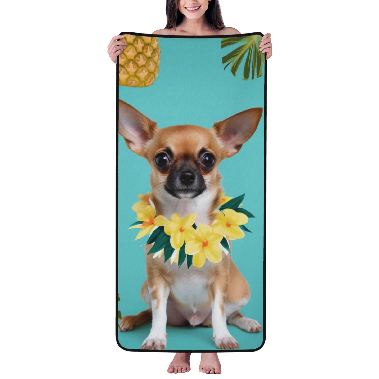 WPKJU Chihuahua Dog Pineapple Printed Bath Towel with Black Edging - 27x55 in Soft Extra Absorbent Coral Velvet Shower Towels for Bathroom