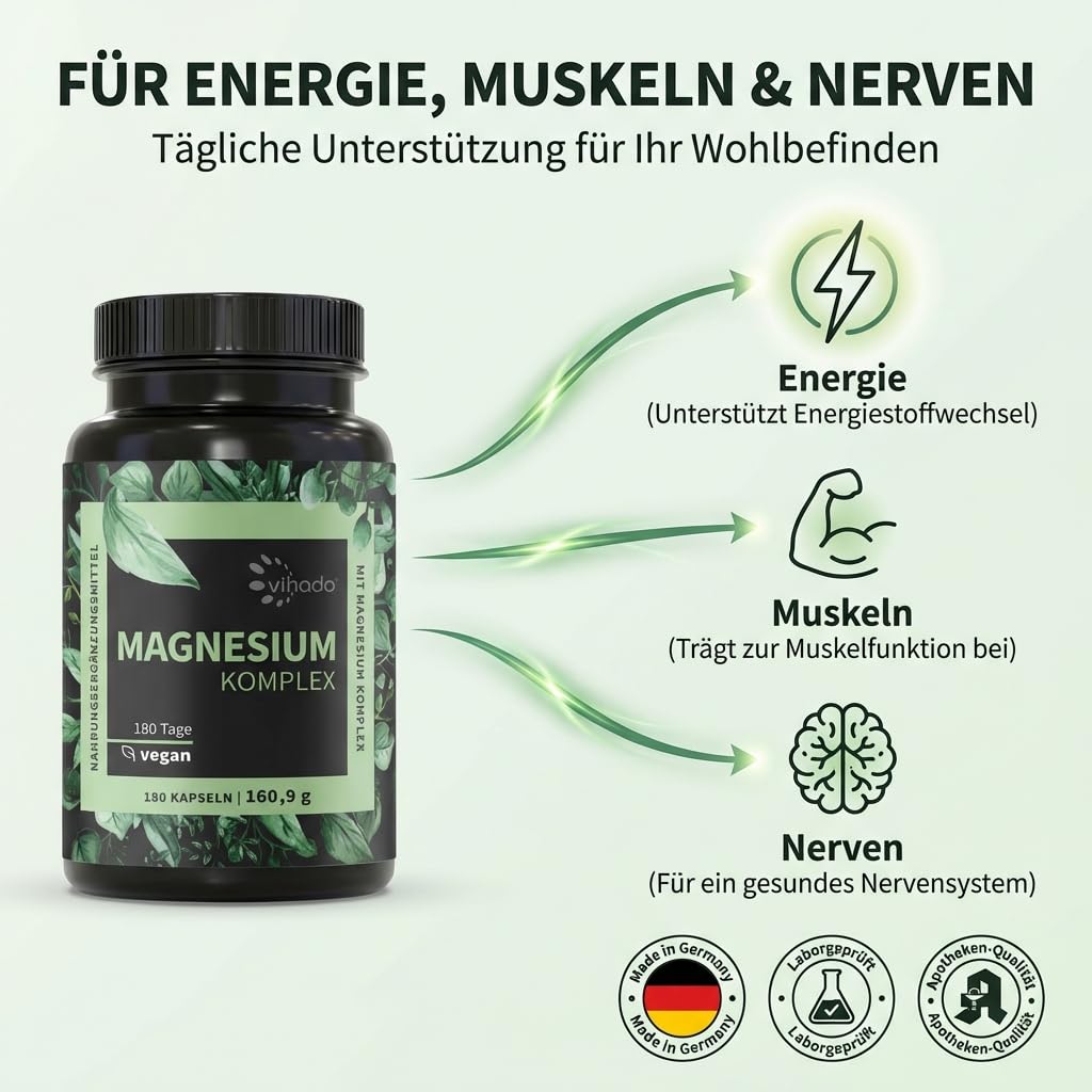 Vihado Magnesium Komplex, 180 Kapseln, 5-in-1 Matrix, 668,7 mg Tagesdosis – Ansicht 2