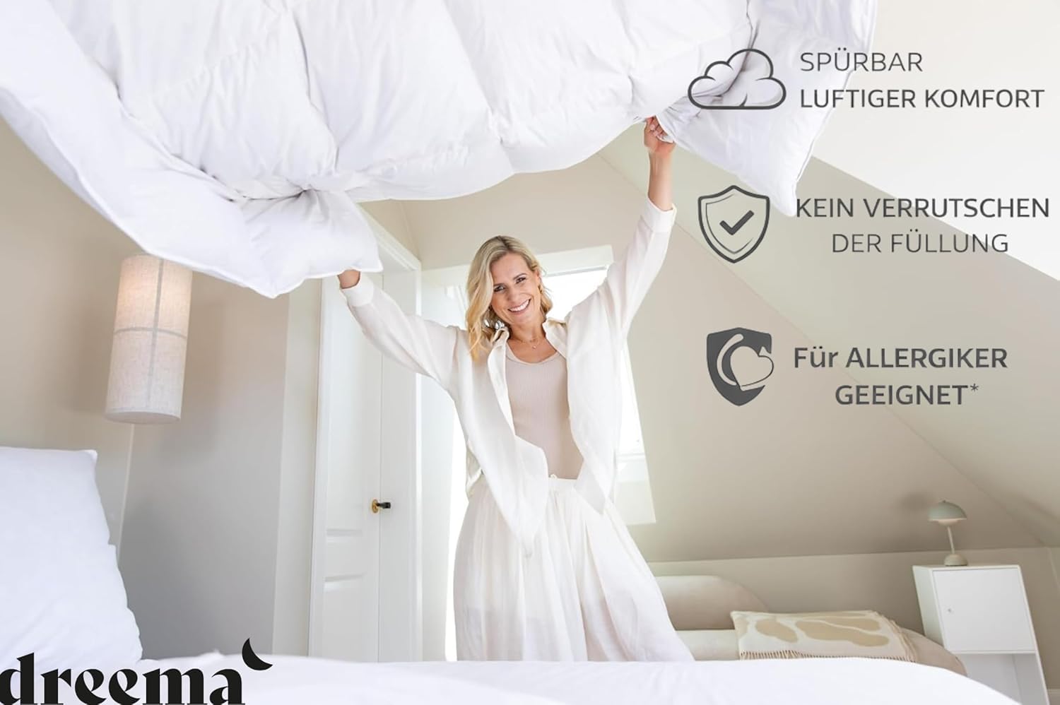 DREEMA Original leichte Feder- und Daunendecke 200x220 | Extra flauschig, anschmiegsam & voluminös | in Deutschland gefertigt | Downpass Zertifiziert | Allergiker geeignet | Baumwollbezug