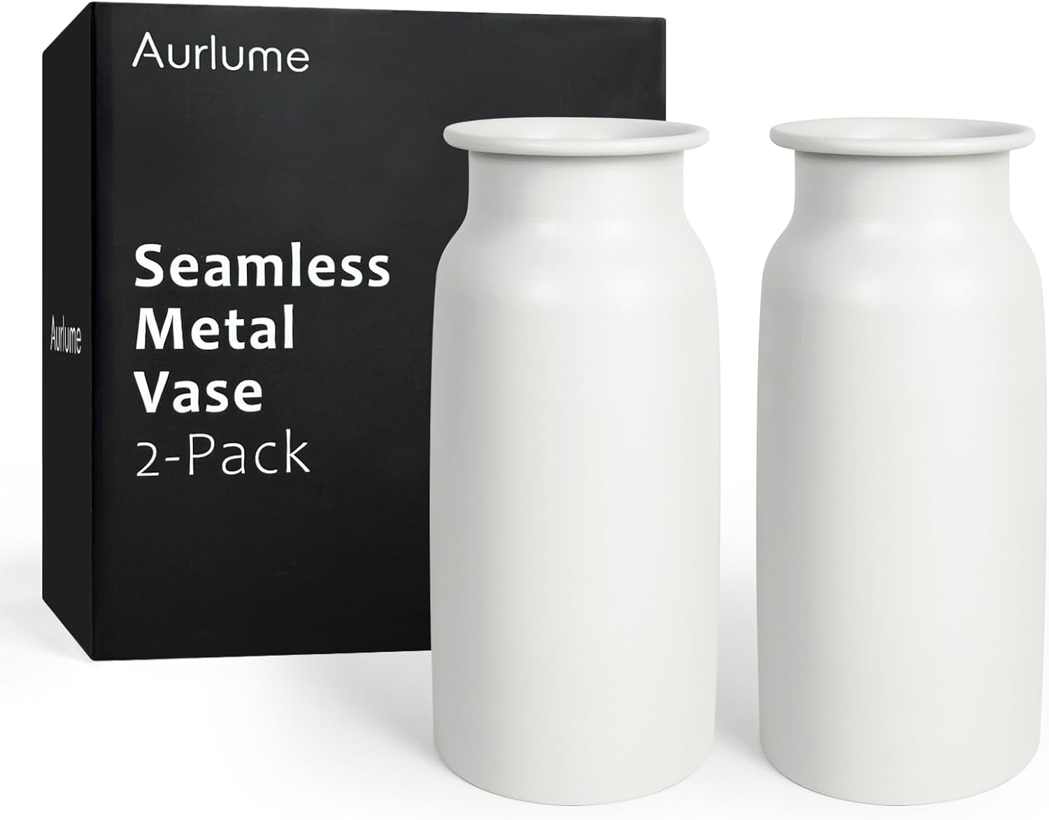 Set of 2 Seamless Metal Vase for Flowers, 10.8" Modern Matte White Floral Vase Set, Shatterproof & Leakproof, Minimalist Home Decor Centerpiece for Dining Table, Mantle, Shelf