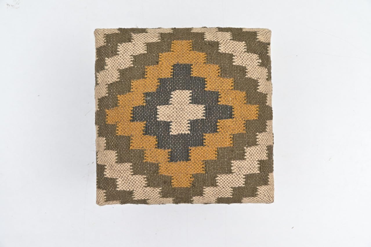 Handmade Jute Fabric Ottoman | Soft Square Shape Stool for Sitting & Foot Rest with Wooden Legs | Modern Entryway Stool for Living Room, Bedroom and Hall (Beige-Pista Green)
