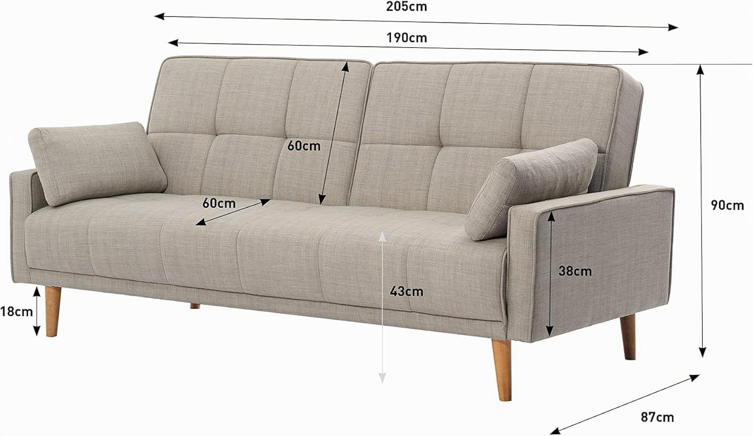 EVERGREENWEB Divano letto 3 Posti Clic Clac Trasformabile in Letto una Piazza e Mezza con 2 Cuscini GRATIS, Doppio Schienale Reclinabile 3 livelli, Tessuto Imbottito Capitonné Grigio, Piedi in Legno