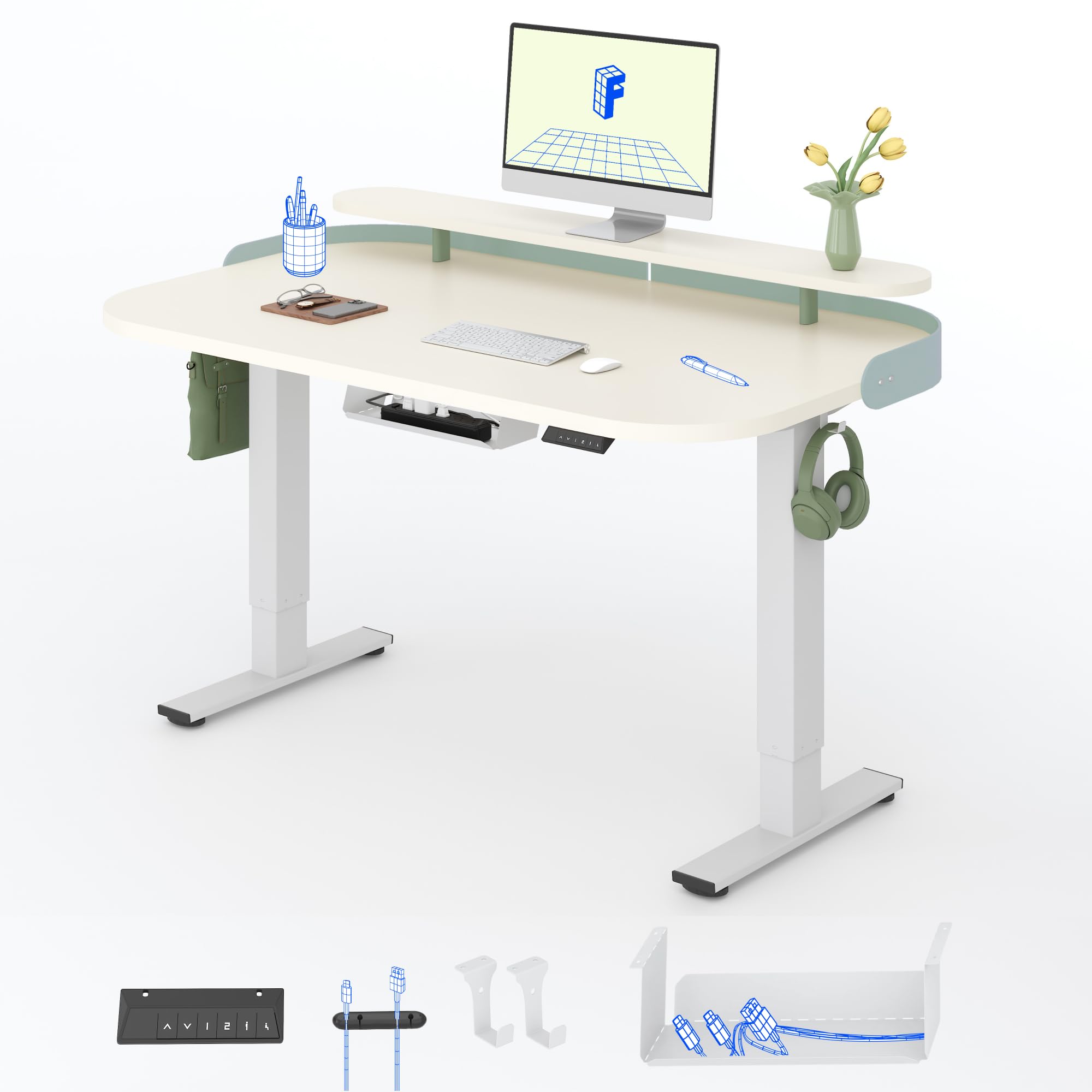 FLEXISPOT Elektrisch höhenverstellbarer Schreibtisch– mit Monitoraufsatz und seitlichem Lederband