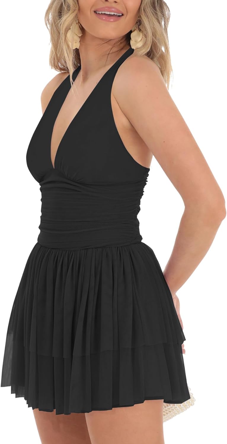 LCNBA Women's Halter V Neck Ruffled Hem Mesh Dress Ruched Flowy Mini Dress - Image 5