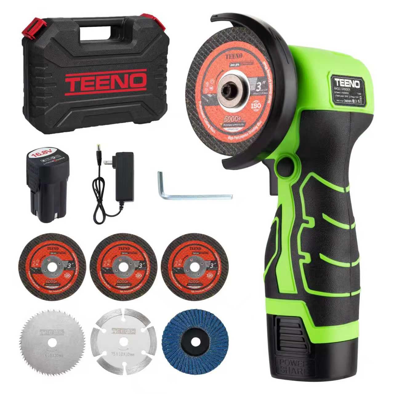 TEENO Cordless Angle Grinder 3 Inch, 19,500 RPM Mini Electric Angle Grinding Tool with 2 pcs 2000mAh Batteries and 6 Cutting Discs, 16.8V Handheld