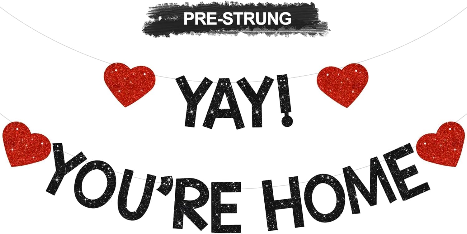 DecoGlee Black Glitter Yay! You're Home! Banner With Heart,NO DIY,Welcome Home Party Decorations Family Gathering Sign Back to School Events Garland Funny Military Homecoming Party Supplies