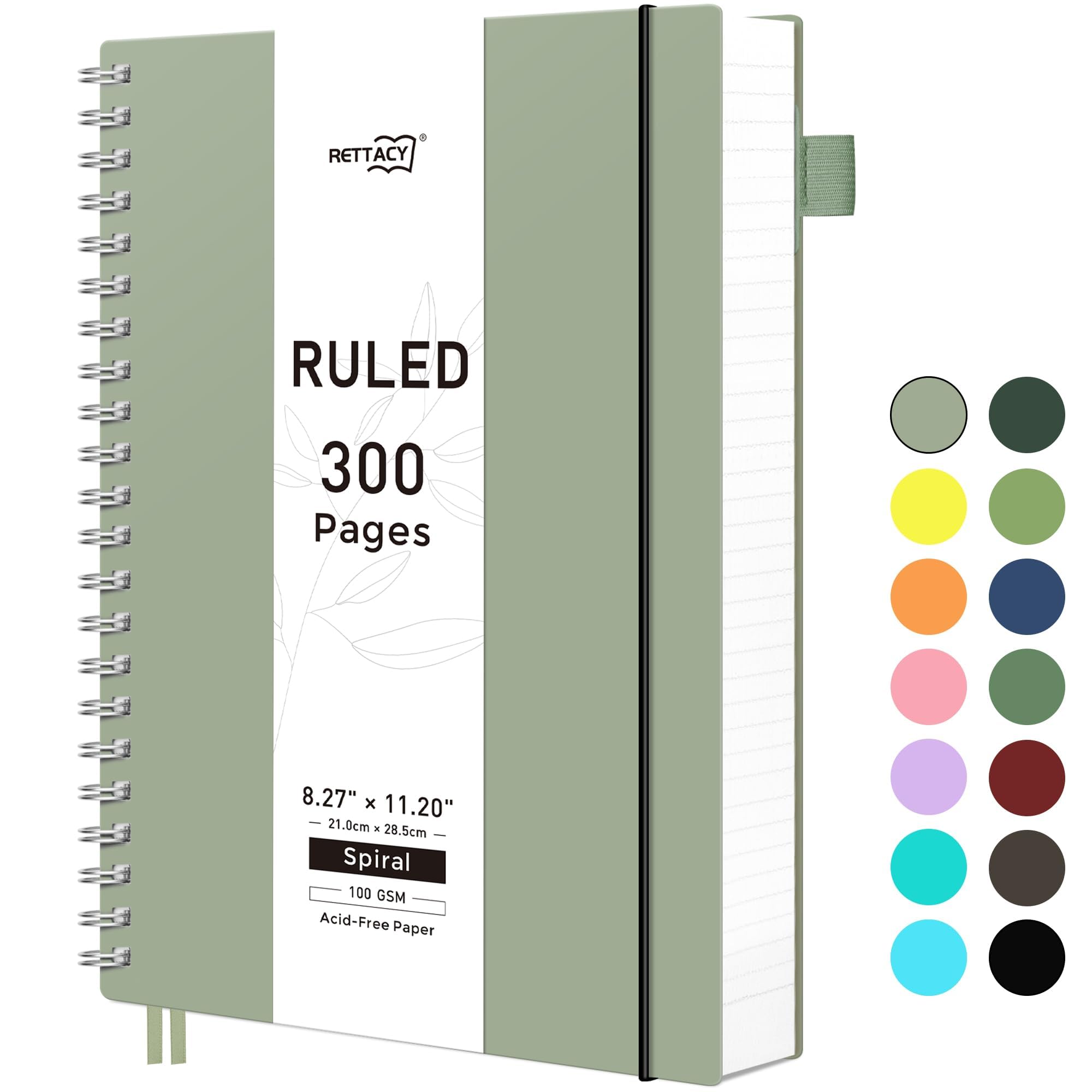 RETTACY Spiral College Ruled Notebook, 300 Pages, A4 Large Size (8.2" x 11.2"), for School, Work, Writing, Journaling, 100 GSM Thick Paper, Flexible Plastic Cover (Light Green)