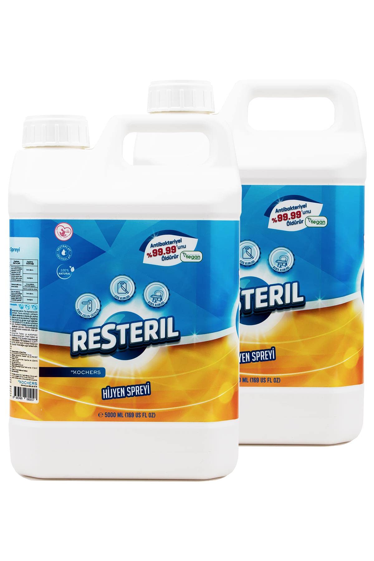 Resteril Antibakteriyel%100 Doğal Alkolsüz Dezenfektan Yüzey Temizleyici Günlük Hijyen Spreyi Seti 2x5000ml