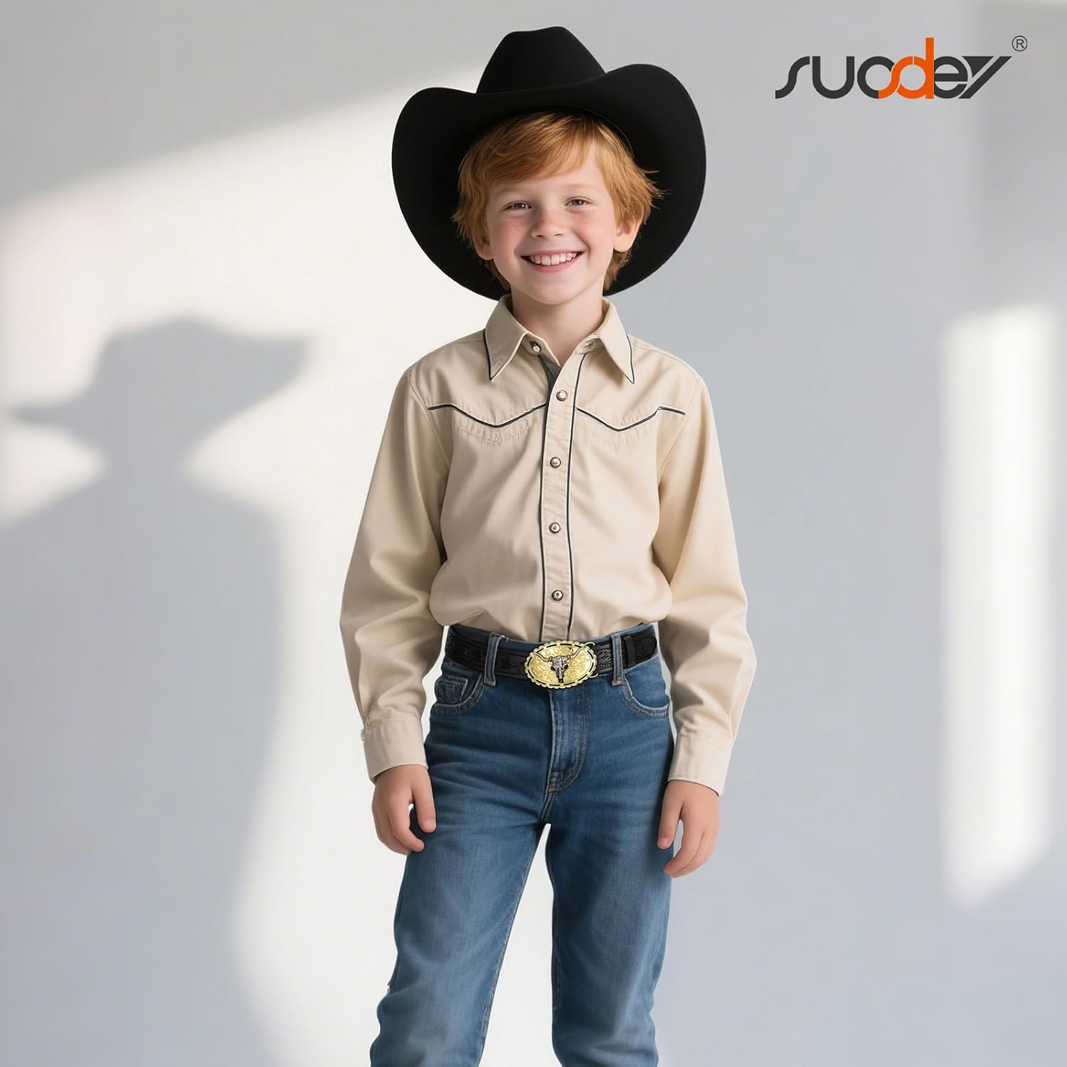 SUOSDEY Kids Western Cowboy Belt for Boys Girls,Toddler Cowgirl Embossed Leather Belt with Longhorn Bull Buckle - Image 3