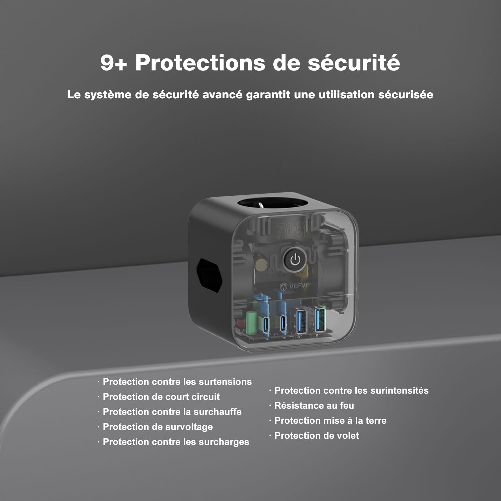 VEFVE Chargeur Rapide USB C 70W GaN III, Multiprise Cube 7 en 1 avec Interrupteur, Bloc Multiprise sans Fil (1 Prise Schuko, 2 Prises Euro, 4 USB) pour PC Portable, Téléphone, MacBook - Noir