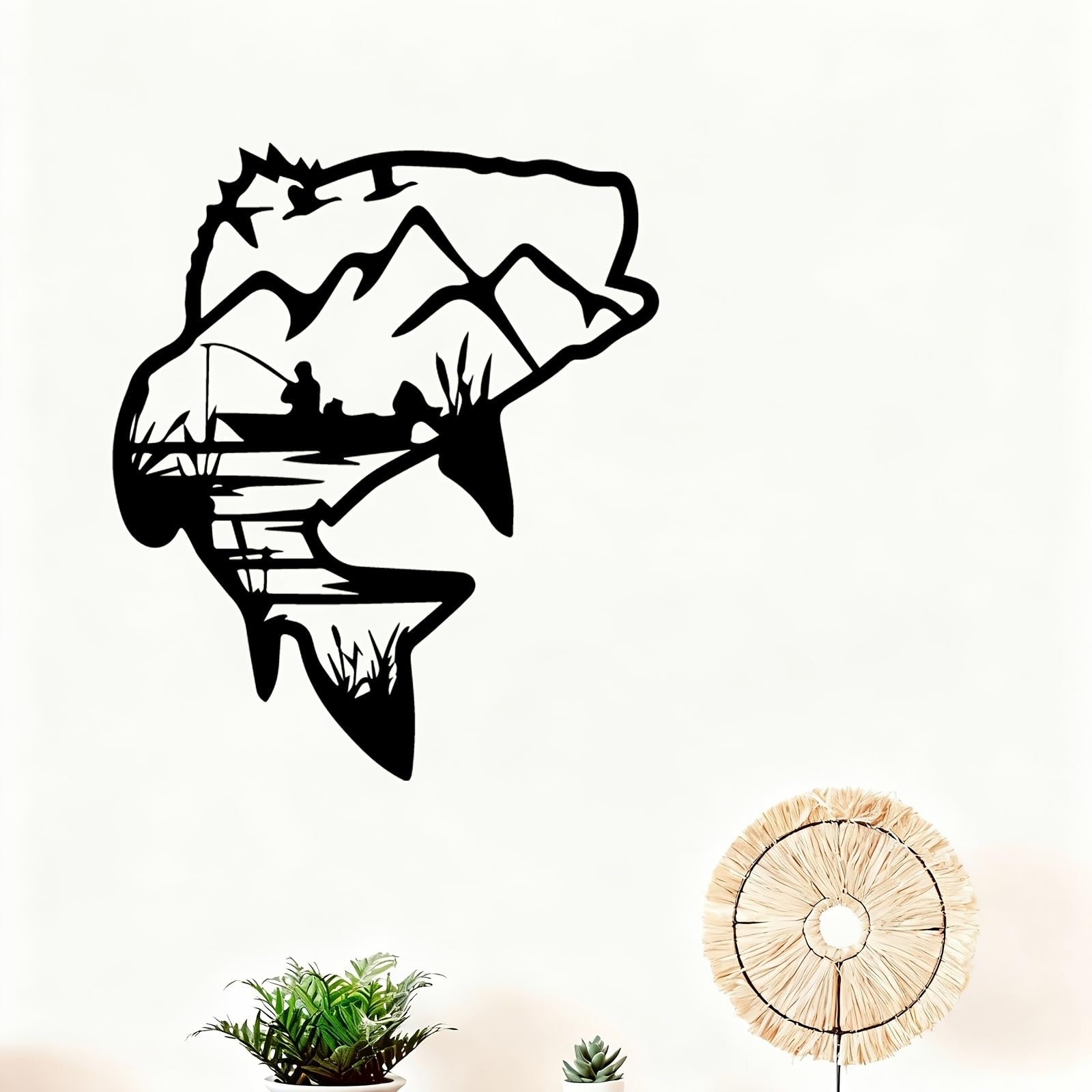 Decoración de pared abstracta contemporánea de metal con escena de pesca pacífica: un pescador sereno lanzando su caña al lago. Mural de escultura de hierro resistente a la intemperie, ideal para