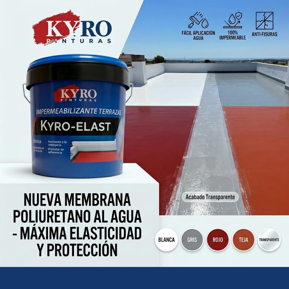 Membrana de Poliuretano al Agua - Impermeabilizante de Alta Resistencia para Terrazas, Tejados - Rojo, Gris, Blanca, Transparente - 14L, 4L y 750ml (Gris, 4 Litros)