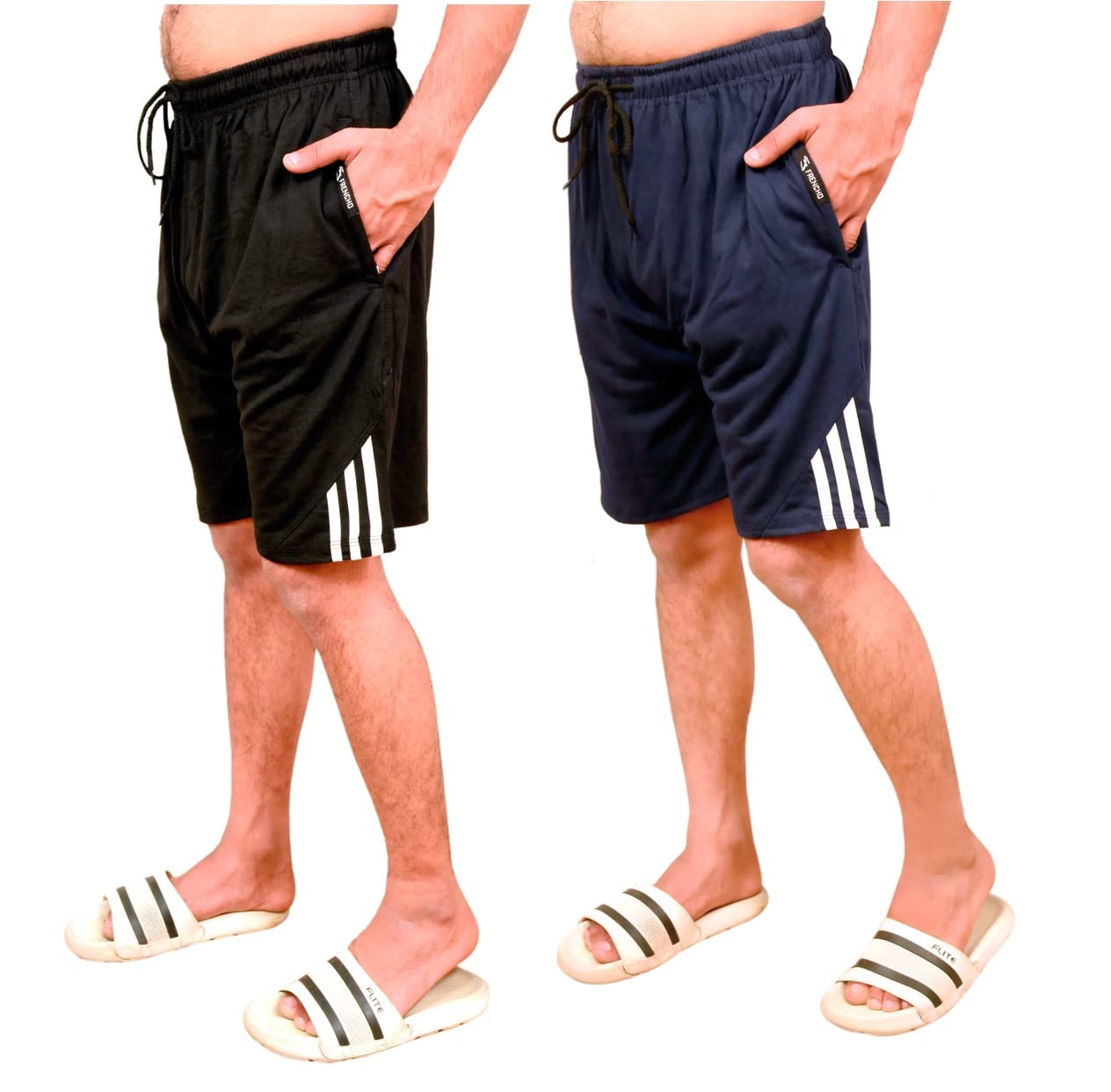 Men's|Boy's Cotton Relaxed Shorts/Bermuda (3 Stripe) - Pack of 2 - Blue + Black Color with Two Side Zipper Pocket XL Size-image-38