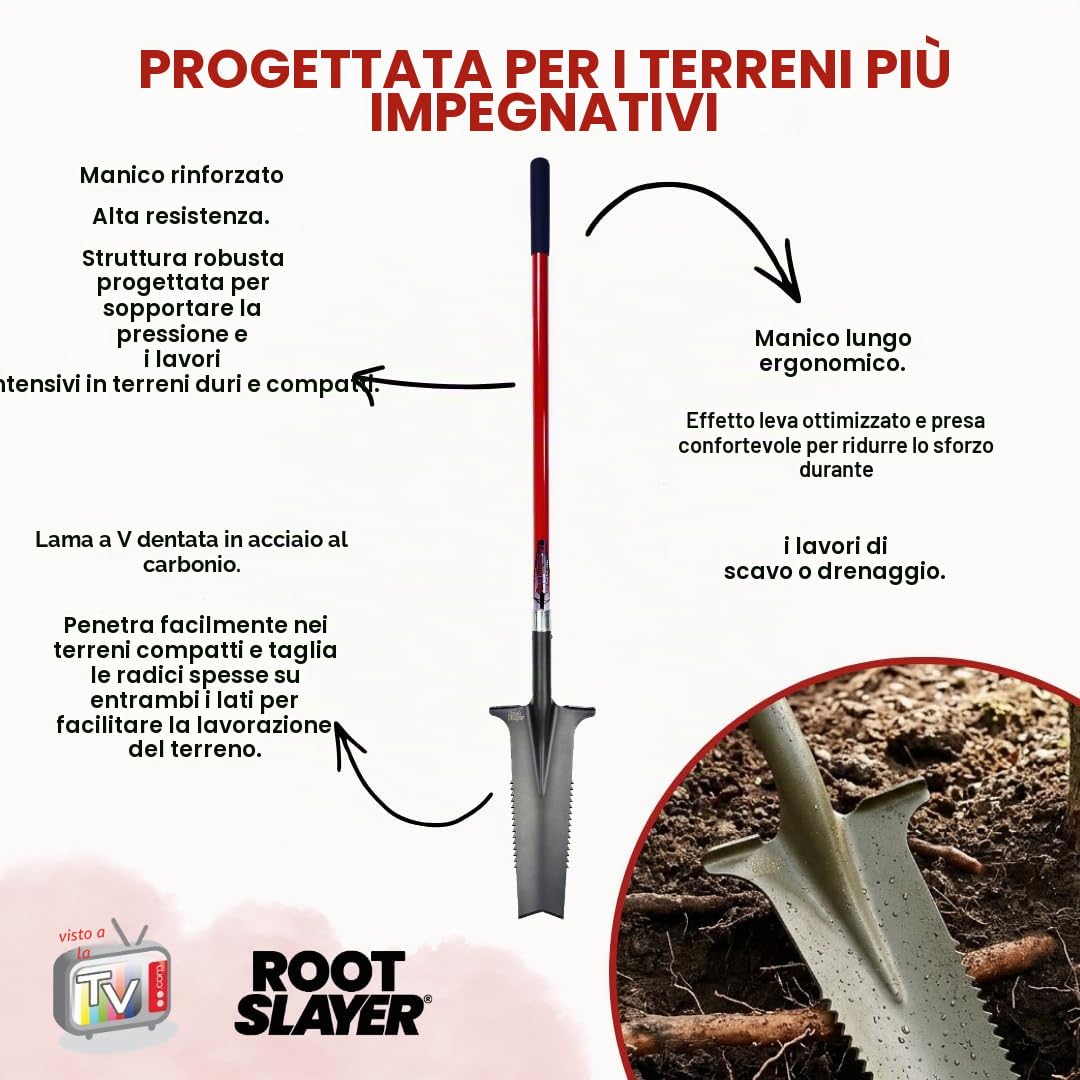 Vanga da drenaggio a manico XL – ROOTSLAYER – Venteo – Lama a V rovesciata – Denti ultra affilati in acciaio al carbonio