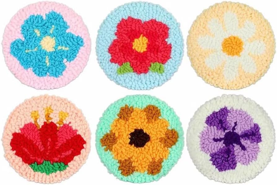 Punch Needle Coaster Kit 6 Patterns Abstract Flowers Tufted Rug Pads, DIY Needle Punch Coaster Kit for Adults Beginners with Adhesive Felt Yarns Embroidery Hoop Tools Instruction