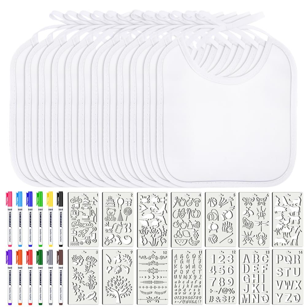 Vicloon Baby Lätzchen zum Bemalen, 12 Stück Weiß Babylätzchen baumwolle zum Bemalen mit 12 Textilstifte und 14 Malen Schablonen, Geschenk für Babyshower Party DIY, für Mädchen/Junge (20 * 17.5 cm)