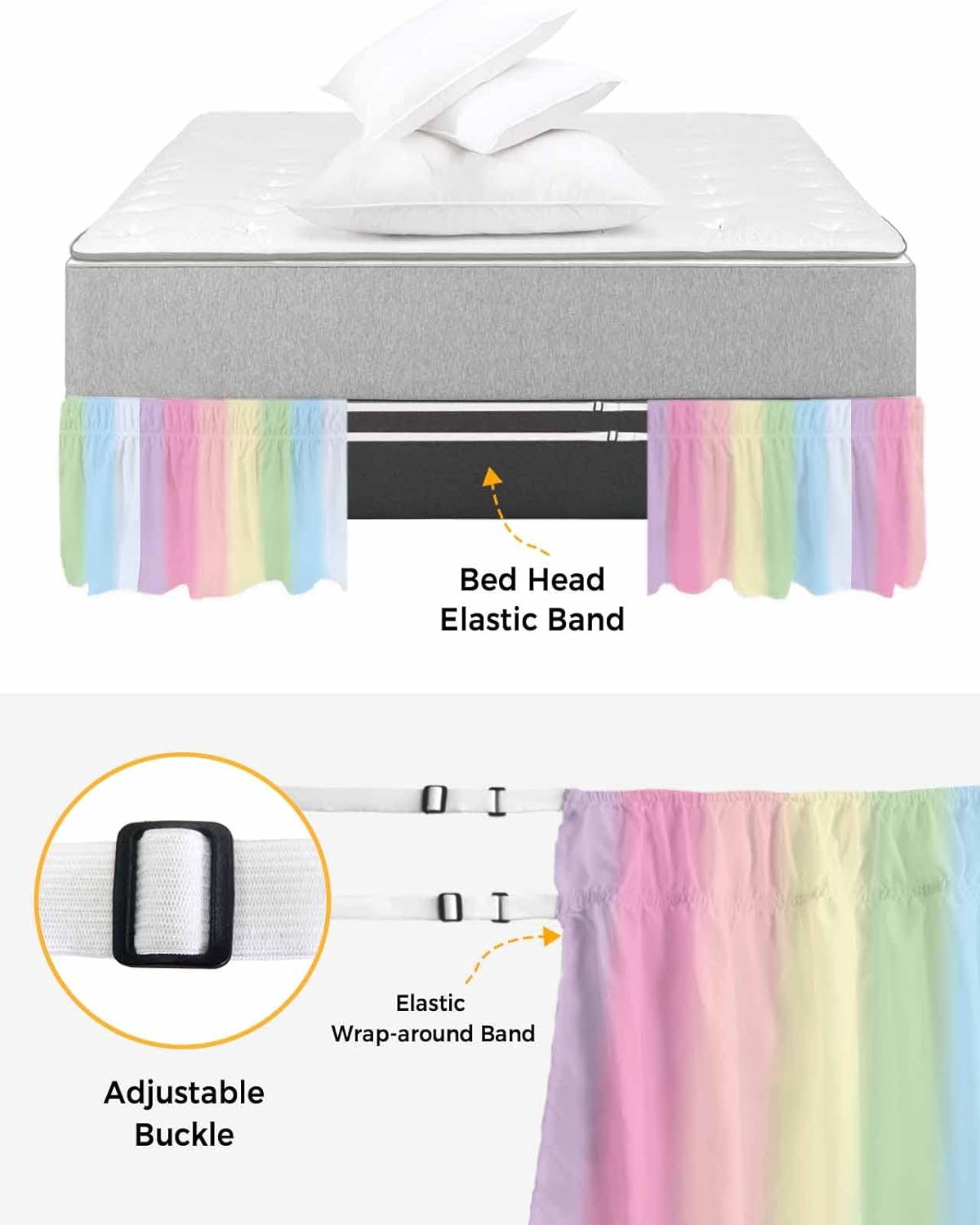 Ombre Rainbow Bed Skirt Queen Size 16 Inch Drop, Adjustable & Elastic Wrap Around Bed Skirts Pleated Luxury Dust Ruffles for Twin Full Queen Cal King Base Bed, Abstract Colorful Geometric Stripes