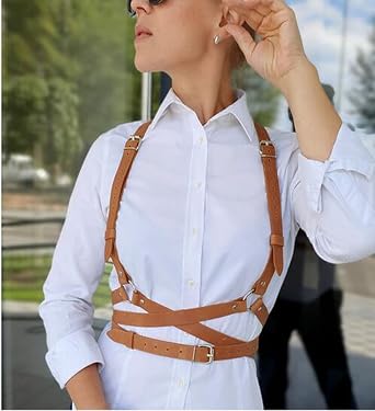 Women's Punk Waist Belt Body Chain Faux Leather Harness Adjustable with Buckles and O-Rings(SS-05Brown)