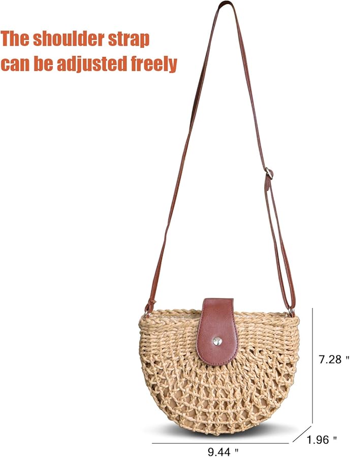 QTKJ Semi-circle Rattan Summer Retro Zip Straw Bag Hand-woven Boho