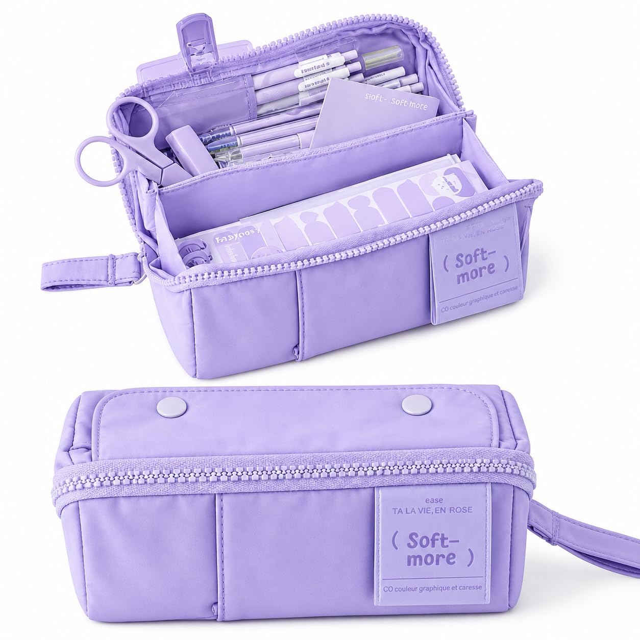 Multi-Functional Soft Pencil Case for Girls – Large Capacity Zipper Pouch with Multiple Compartments – Aesthetic Stationery Organizer for School, College & Office (Purple Soft More Pouch)-image-46