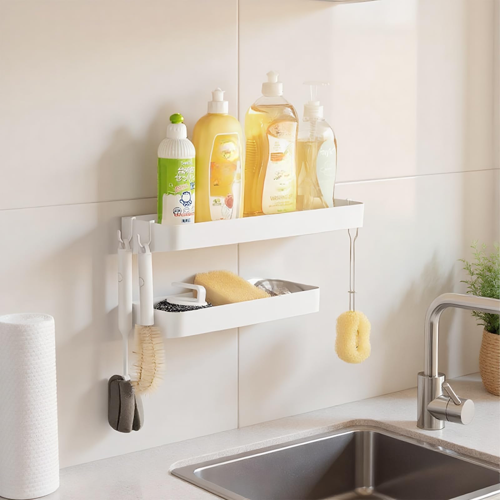 Mensola Bagno Doccia Autoadesiva, Porta Shampoo Senza Foratura, 40x11x6 cm, Carico 5 kg, Bianco, Adatto Cucina, Bagno