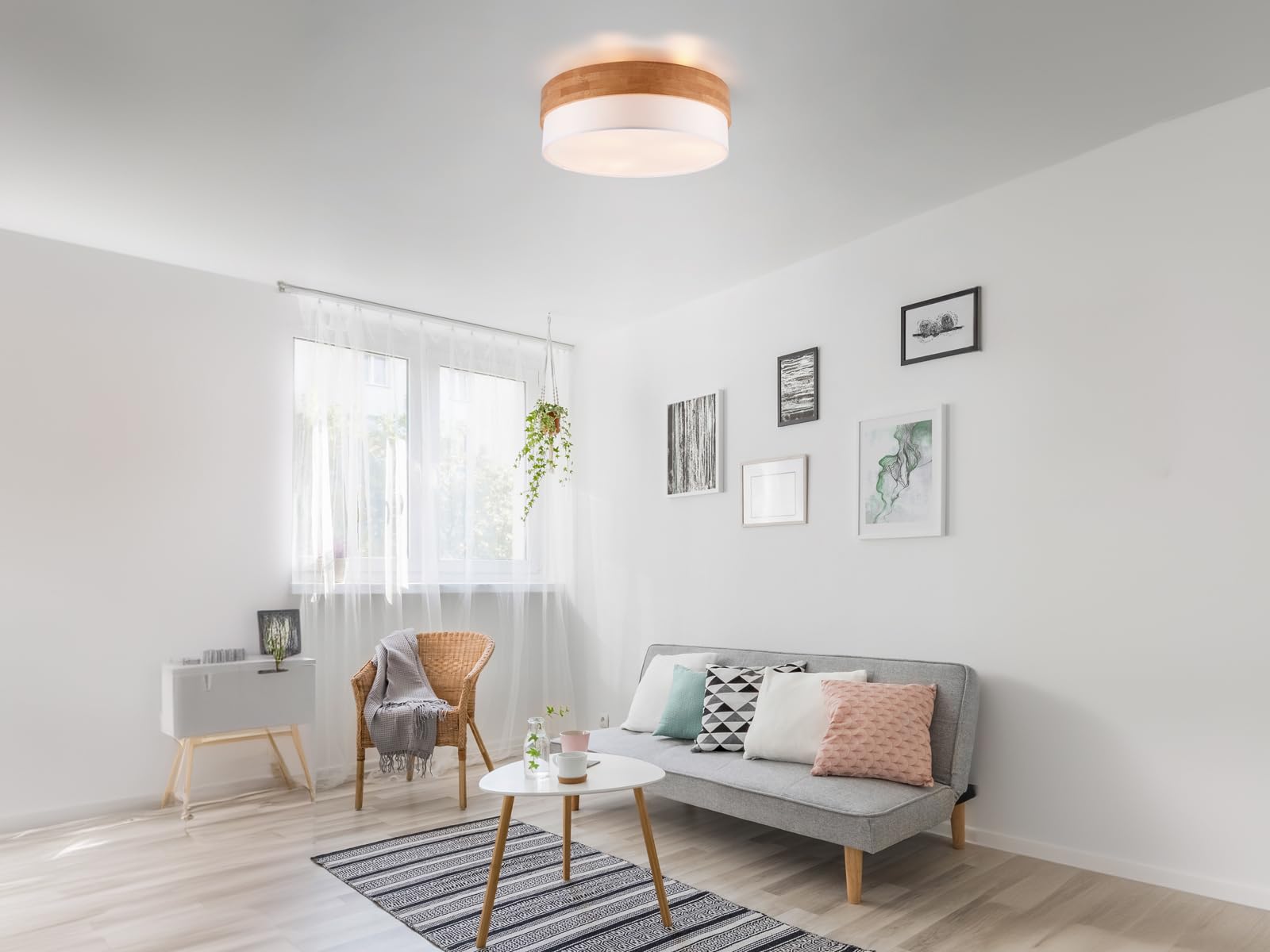 meineWunschleuchte Deckenleuchte Ø 50cm groß aus Holz mit Stoffschirm Weiß, Holzlampe Decke rund skandinavisch Landhausstil Deckenlampe Wohnzimmer Schlafzimmer