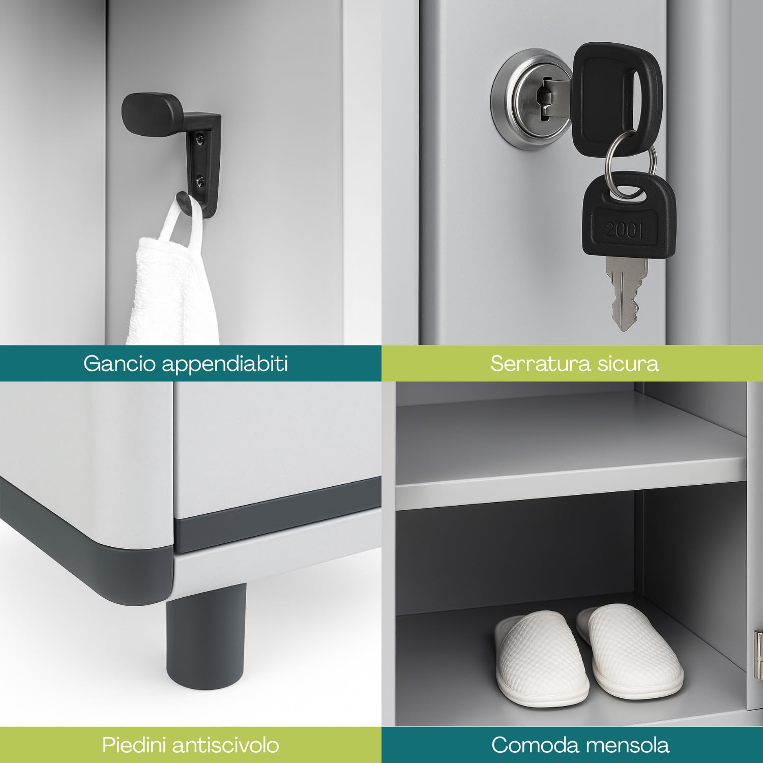 VIRSUS Mobile Spogliatoio a 2 ANTE in PVC di colore Grigio, Misura 72x39x175 cm, Armadietto con serratura a chiave, ganci appendiabiti, piedini antiscivolo, Made in Italy -1912