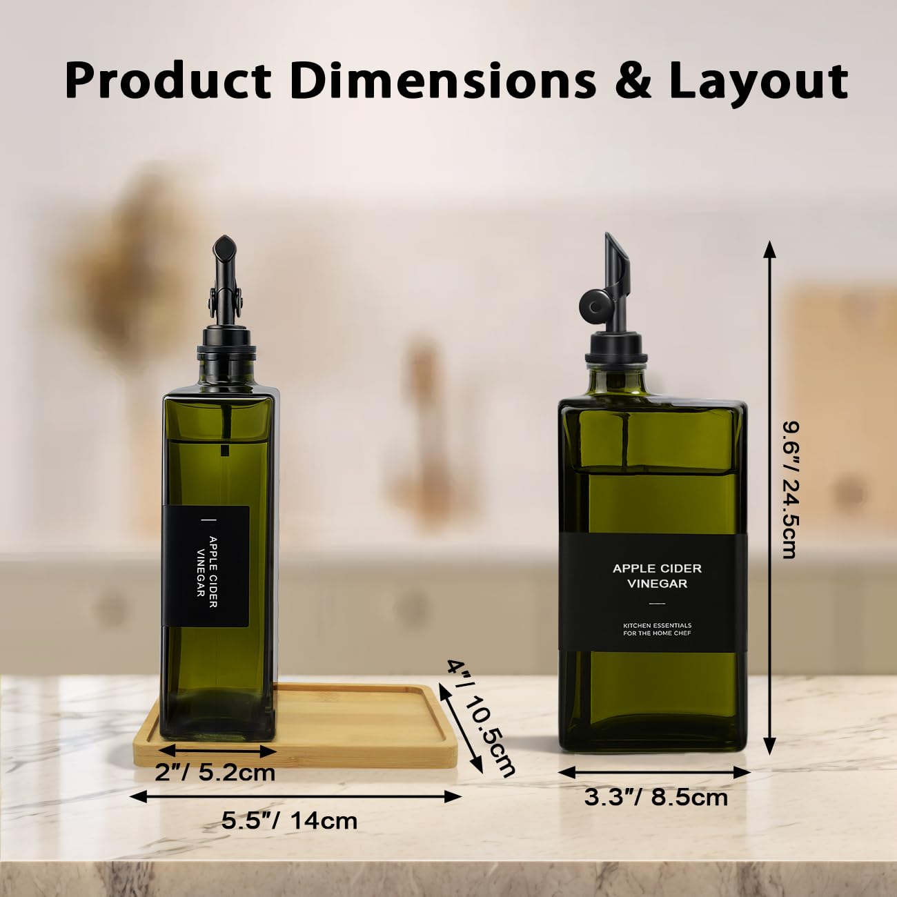 Olivenöl-Spenderflasche für die Küche mit Bambus-Tablett, 480 ml, Glasöl- und Essigspender-Set, Sojasauce und Sirupflasche, modernes Gastgebergeschenk (grün, 2er-Set)