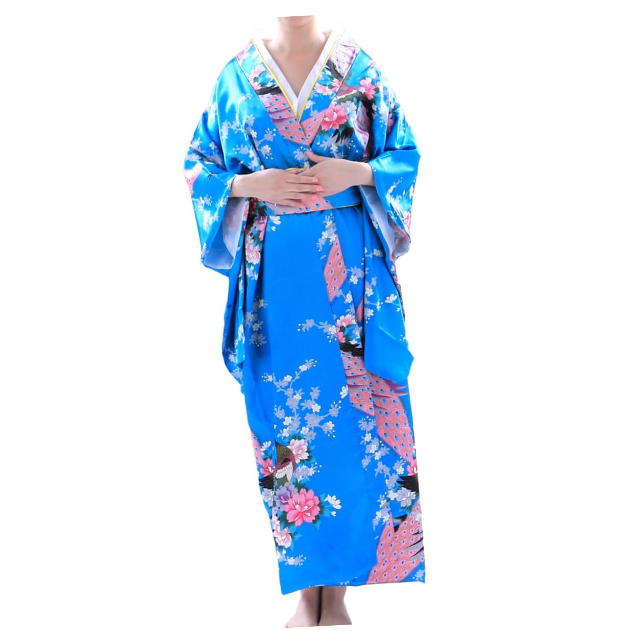 Kimono Colore Celeste Tradizionale Donna in Tessuto con Abbinata Design Monopezzo Versatile e Portabile per Abbigliamento o Spettacoli