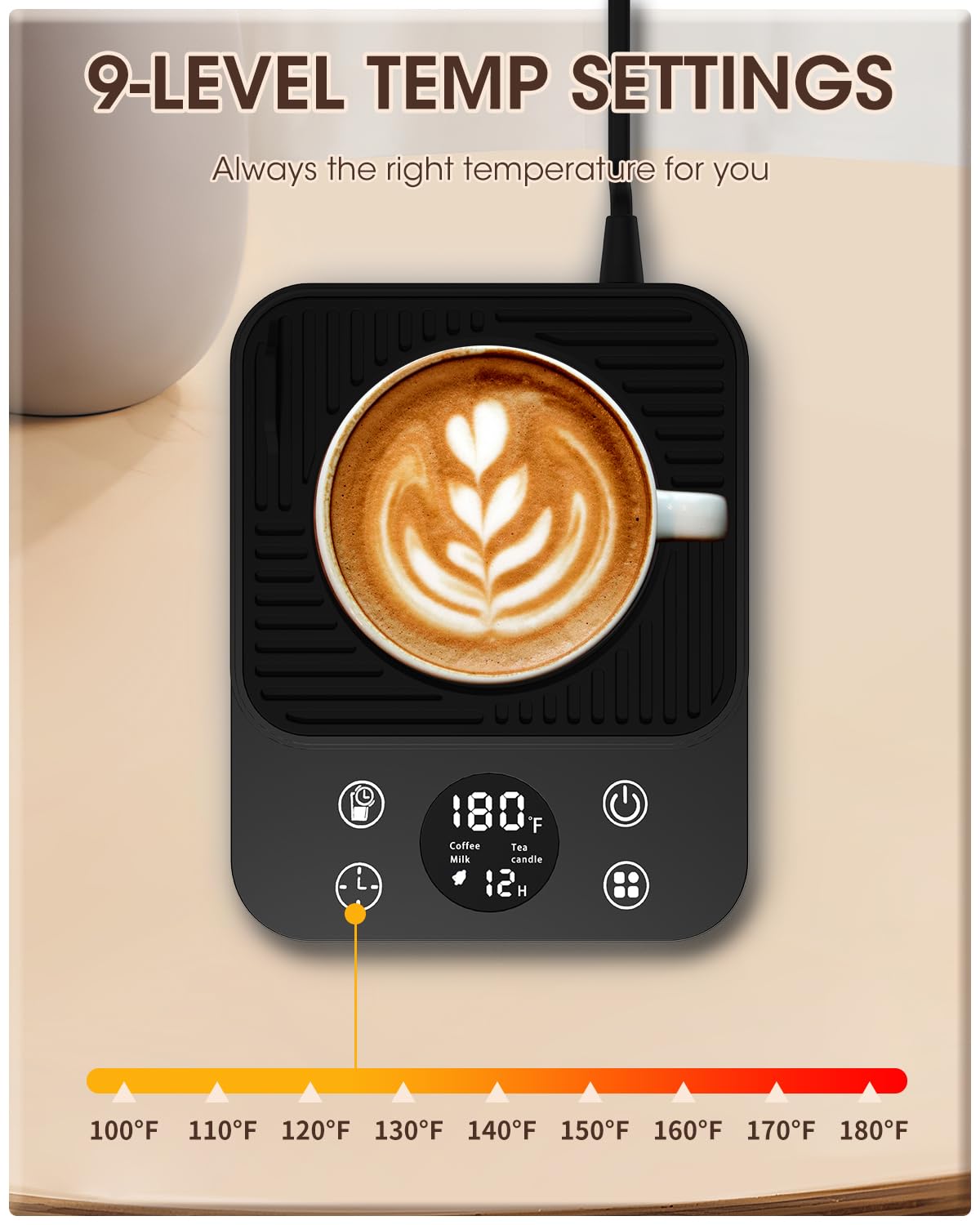 Calentador de taza de café para escritorio, calentador de café eléctrico inteligente mejorado 2024, recordatorio de agua de bebida de 1 hora, 4 modos, apagado automático de 8 horas, 9 temperaturas, 3