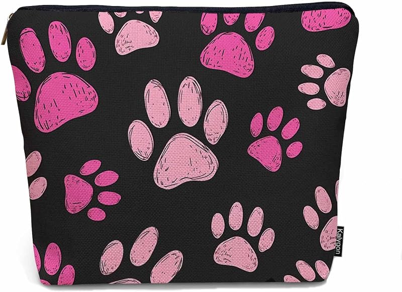 Necessaire Kalygon com estampa de pata de cachorro, zíper, rosa e preta