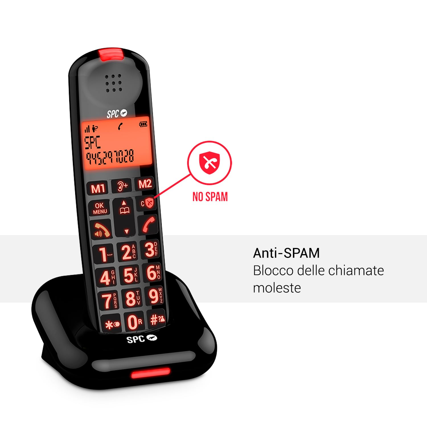 SPC COMFORT KAIRO - Telefono cordless senior, tasti XL, Nero | Audio molto alto, volume chiamata +8dB, blocco SPAM, compatibile con apparecchi acustici e segnale luminoso di chiamata