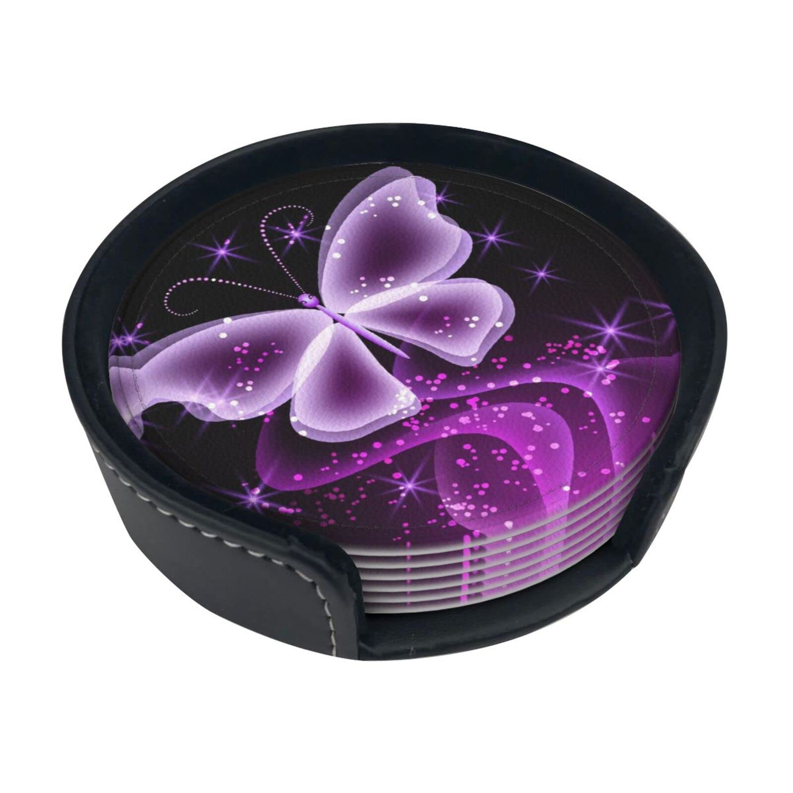 Coasters Set Of 6 Cute Purple Butterfly Print Leather Coasters For Drinks,Home Décor And Housewarming Gift