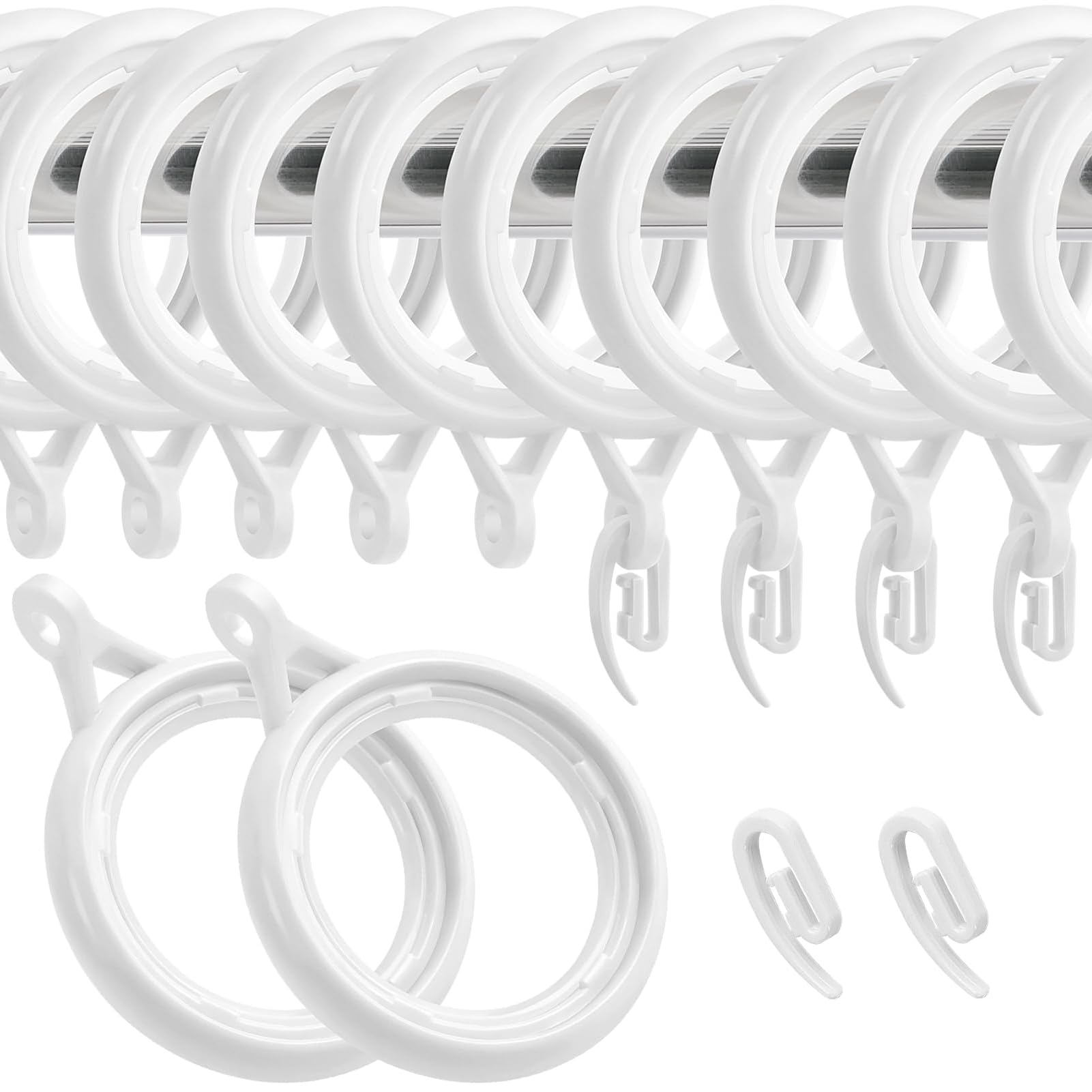 TERRIFI Curtain Rings and Hooks, 40 Pack, 40mm White Plastic Hanging Rings with Hooks, Durable and Easy to Use, Ideal for Hanging Curtains, Drapes, and Shower Curtains