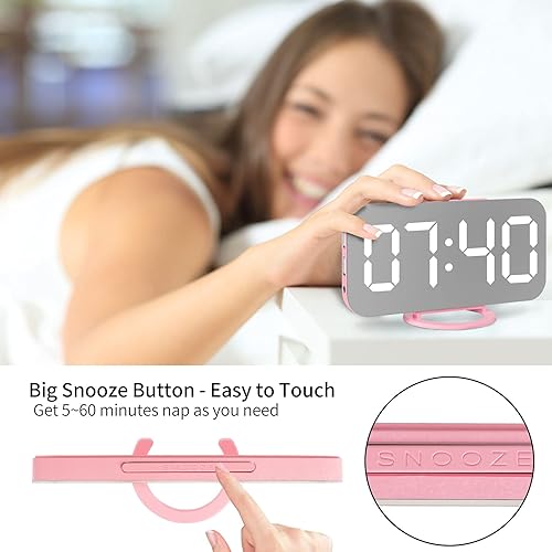 Miniatura 4 de Miowachi Reloj despertador digital rosa, reloj LED grande con espejo, repetición, 2 puertos de cargador USB, reloj despertador de escritorio para